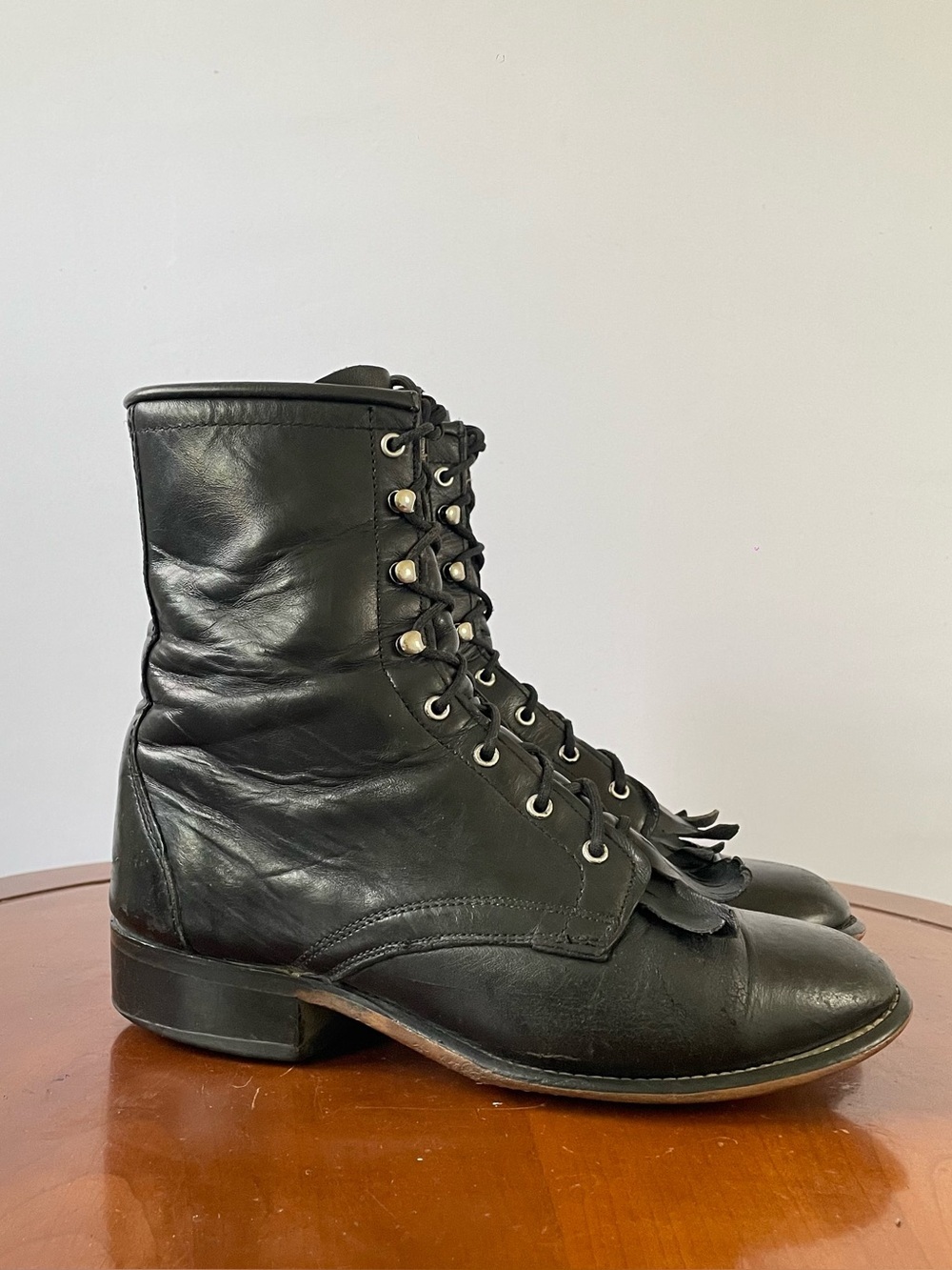 Laredo Black Leather Tassel Lace-Up Ankle Boots | US 6